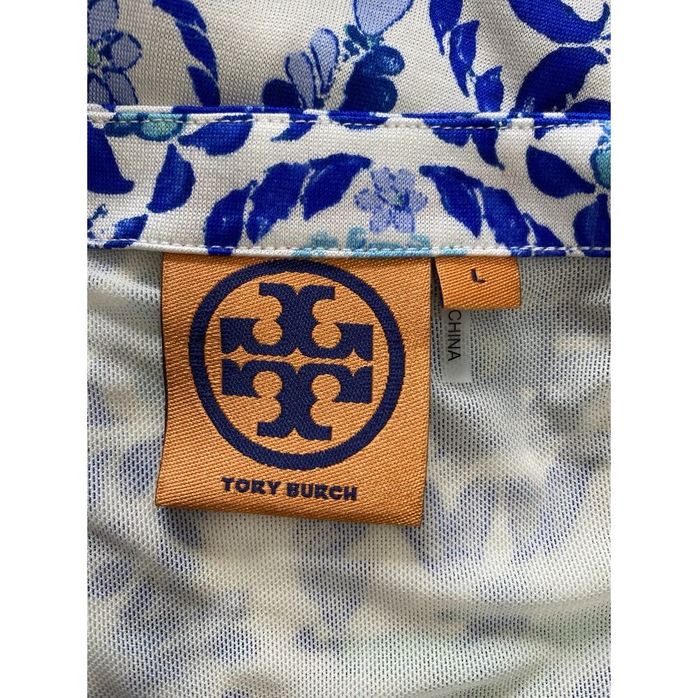 Tory Burch 100% Silk Blue White Floral Ruched Sheath Dress Women’s Large Resort - Picture 3 of 10